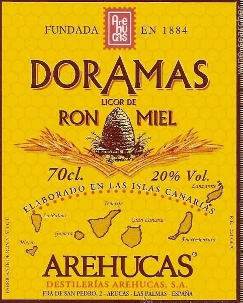 Doramas licor de ron miel, elaborado en las islas canarias. Destilerías Arehucas